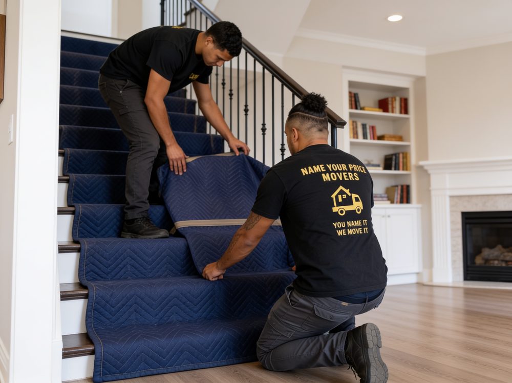 Name Your Price Movers crew laying floor protection on a staircase