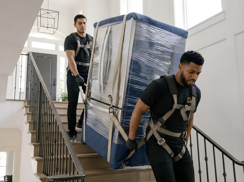 Movers carrying a wrapped refrigerator up a staircase with lifting harnesses