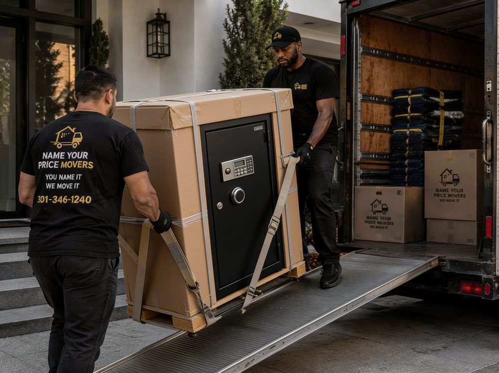 Movers loading a large safe onto a lift-gate truck
